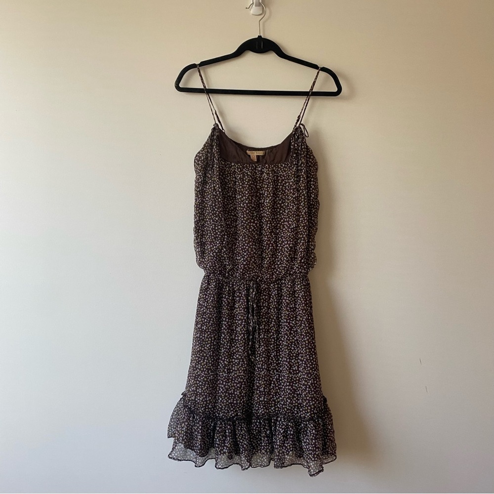 Ted Baker 100% Silk Abstract Dot Prints Ruffle Hem Sleeveless Dress Brown